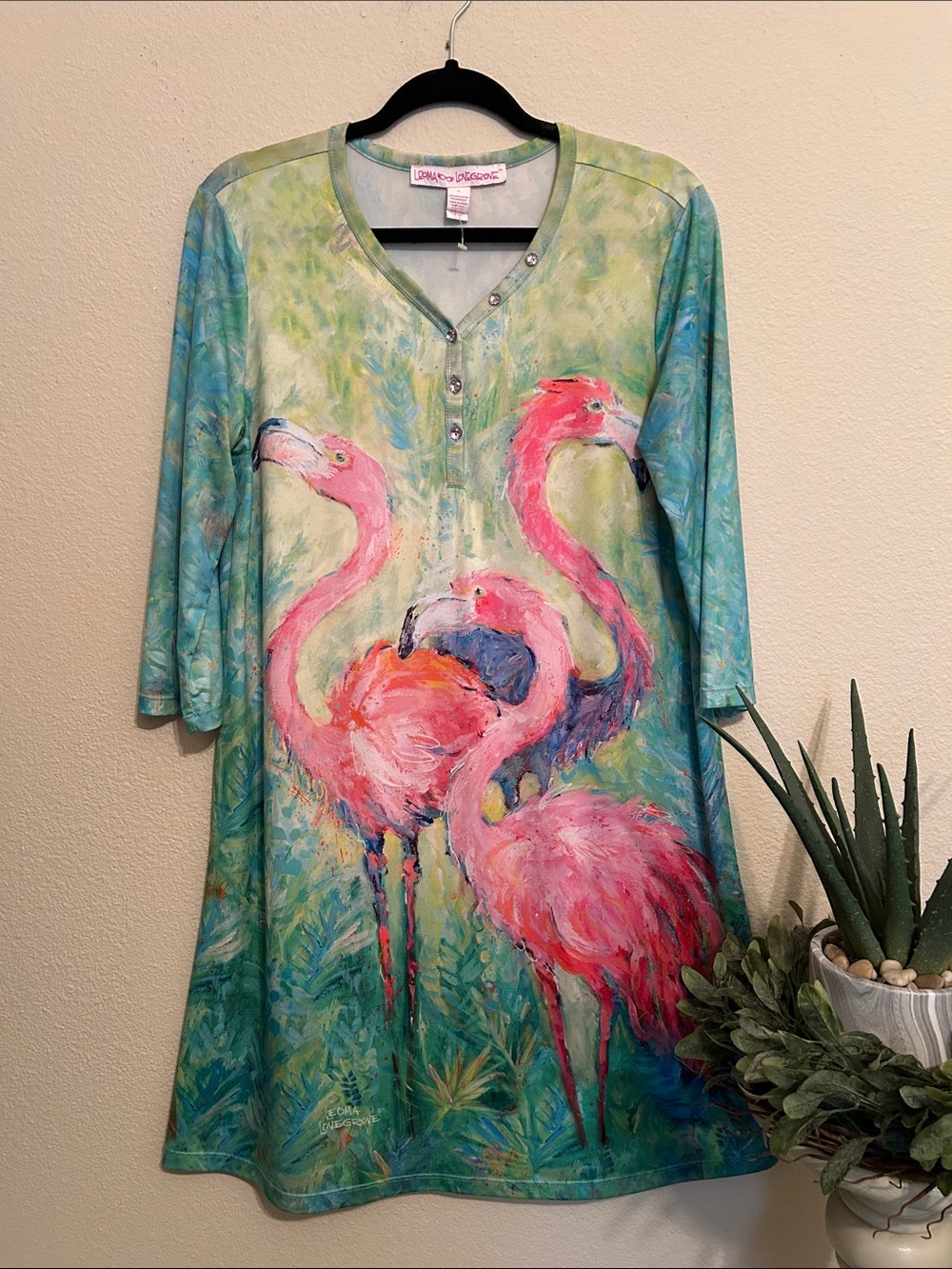 Leoma Lovegrove Bright Flamingo Dress/ Coverup with Pink & Turquoise Artwork